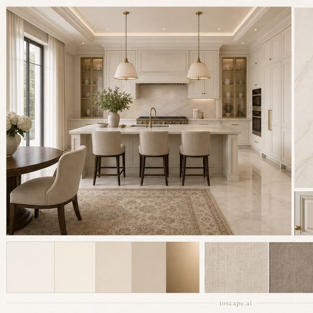 Neoclassic Light Luxury Kitchen — Satin interior moodboard card