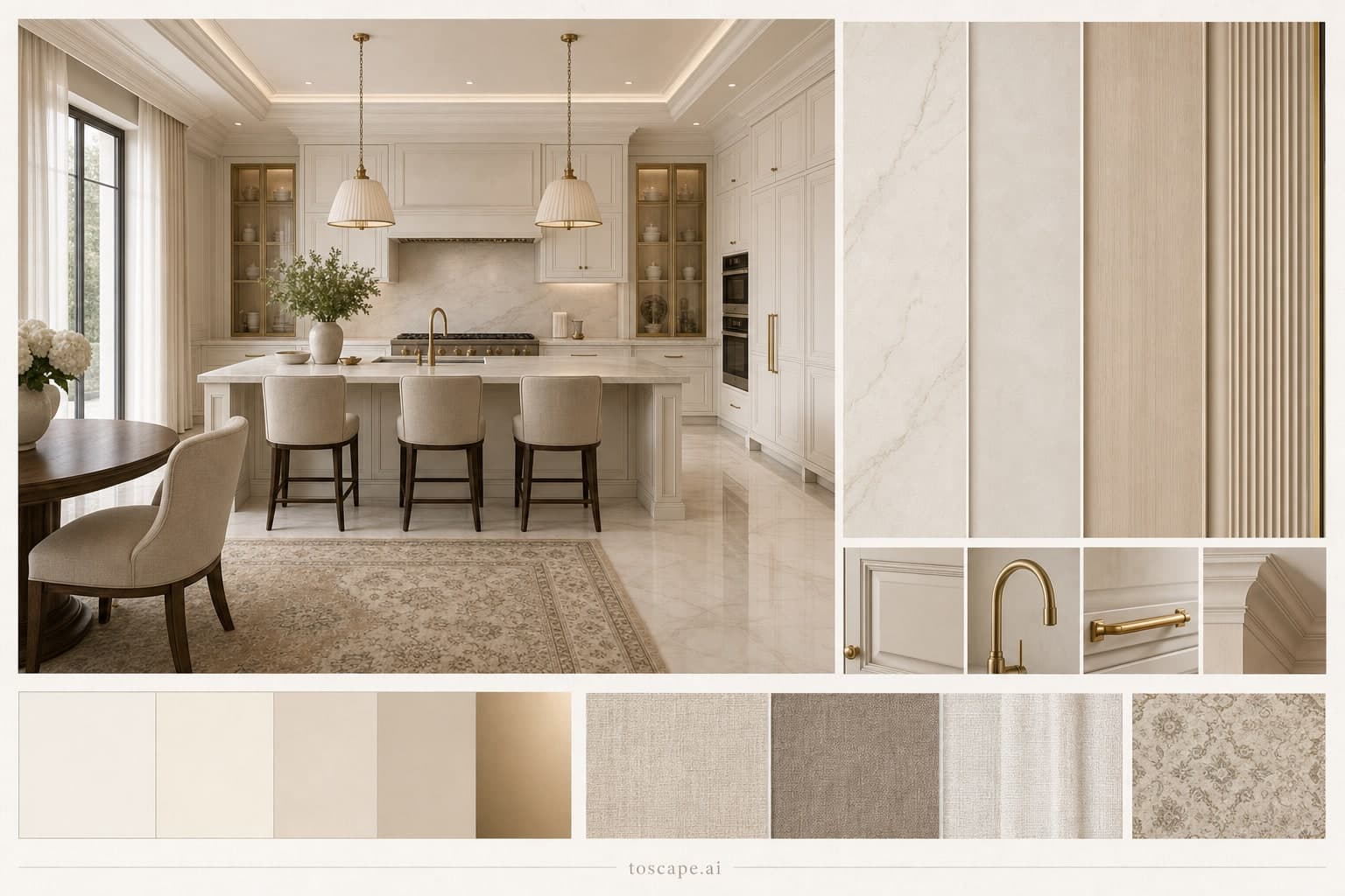 Neoclassic Light Luxury Kitchen — Satin interior moodboard plate