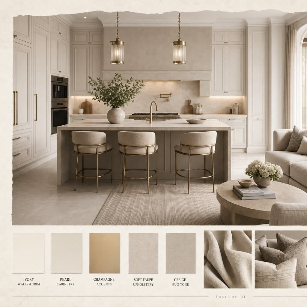 Neoclassic Light Luxury Kitchen — Brushed Metal interior moodboard card