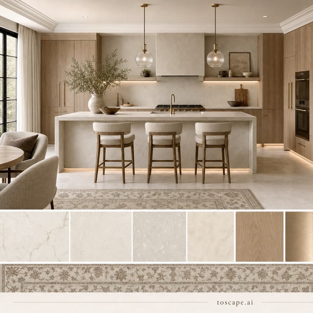 Modern Light Luxury Kitchen — Honed Stone interior moodboard card