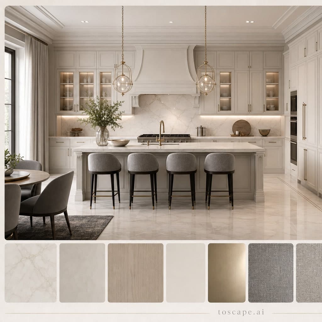 Neoclassic Light Luxury Kitchen — Honed Stone interior moodboard card