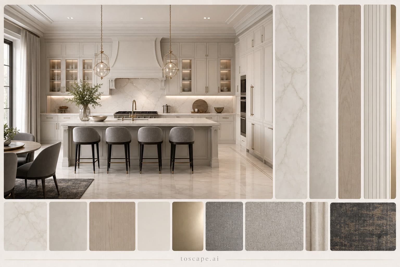 Neoclassic Light Luxury Kitchen — Honed Stone interior moodboard plate