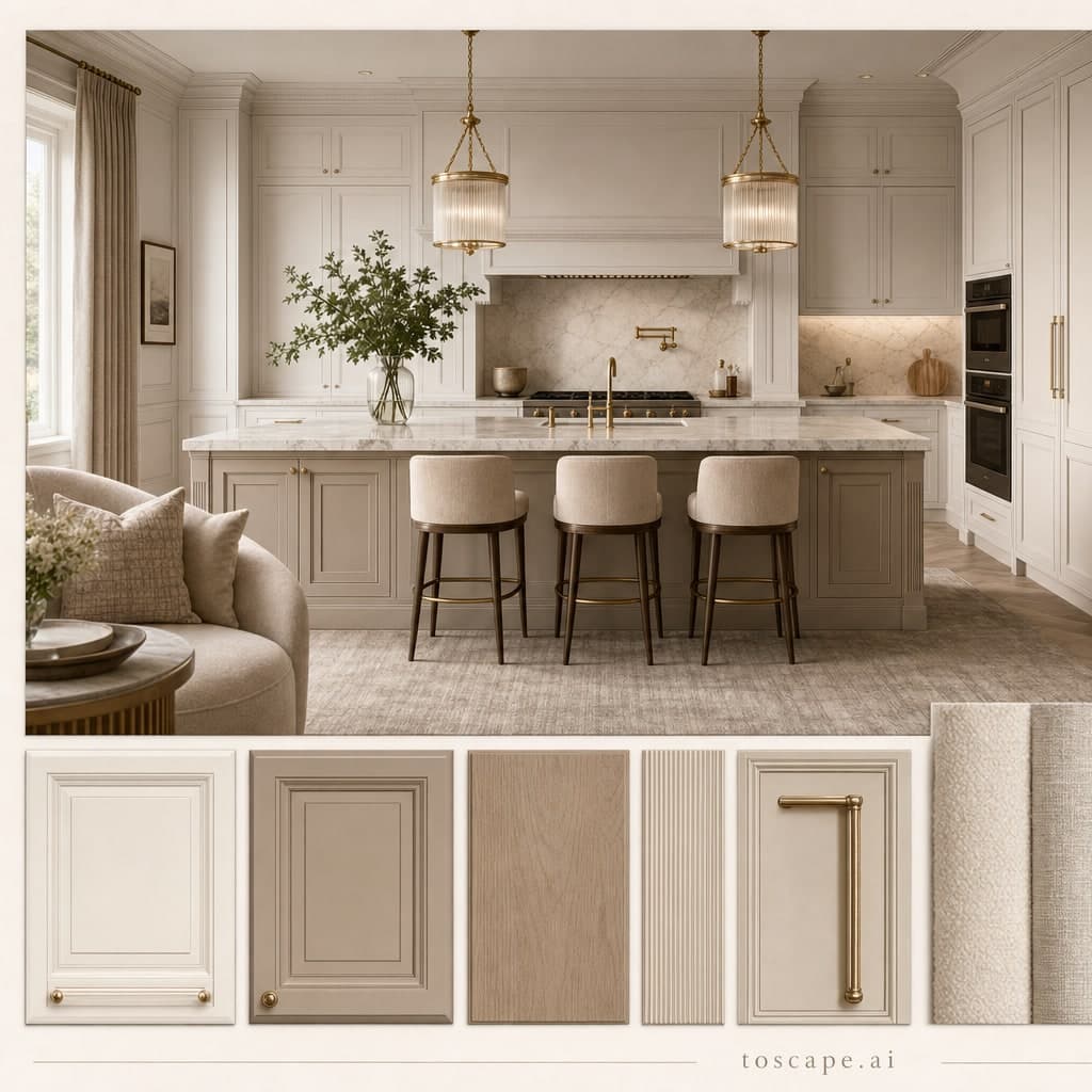 Neoclassic Warm Neutral Kitchen — Brushed Metal interior moodboard card