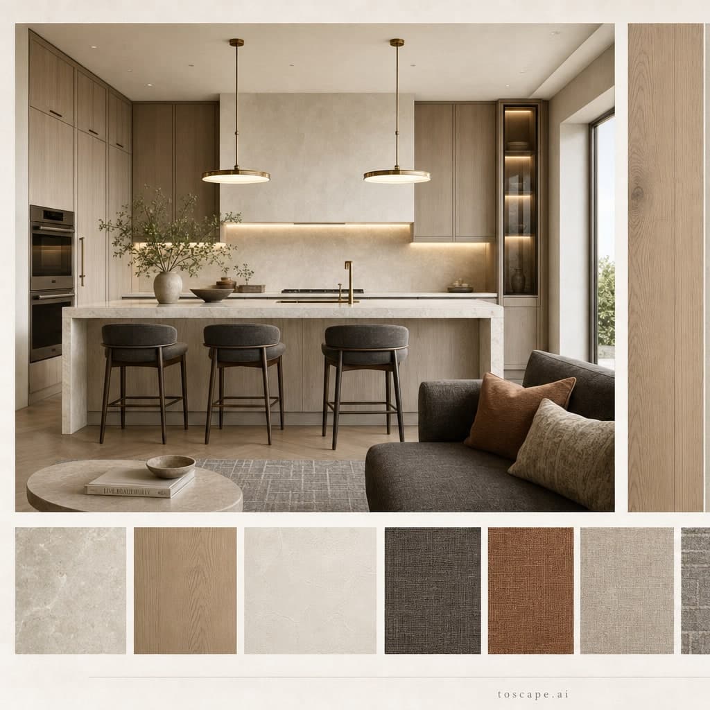 Modern Light Luxury Kitchen — Satin interior moodboard card
