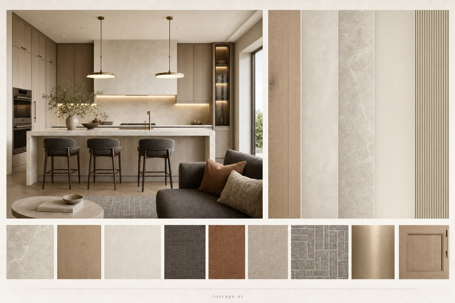 Modern Light Luxury Kitchen — Satin interior moodboard plate