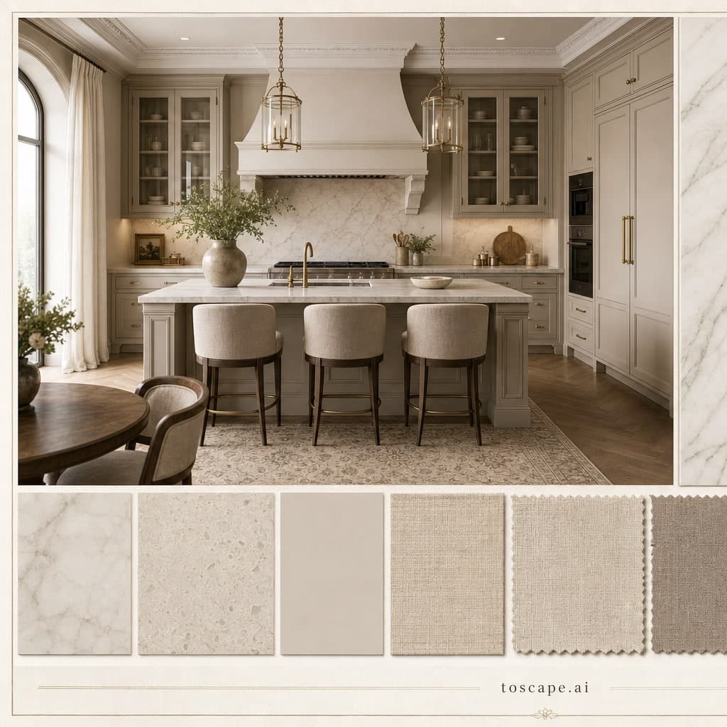 Neoclassic Warm Neutral Kitchen — Satin interior moodboard card