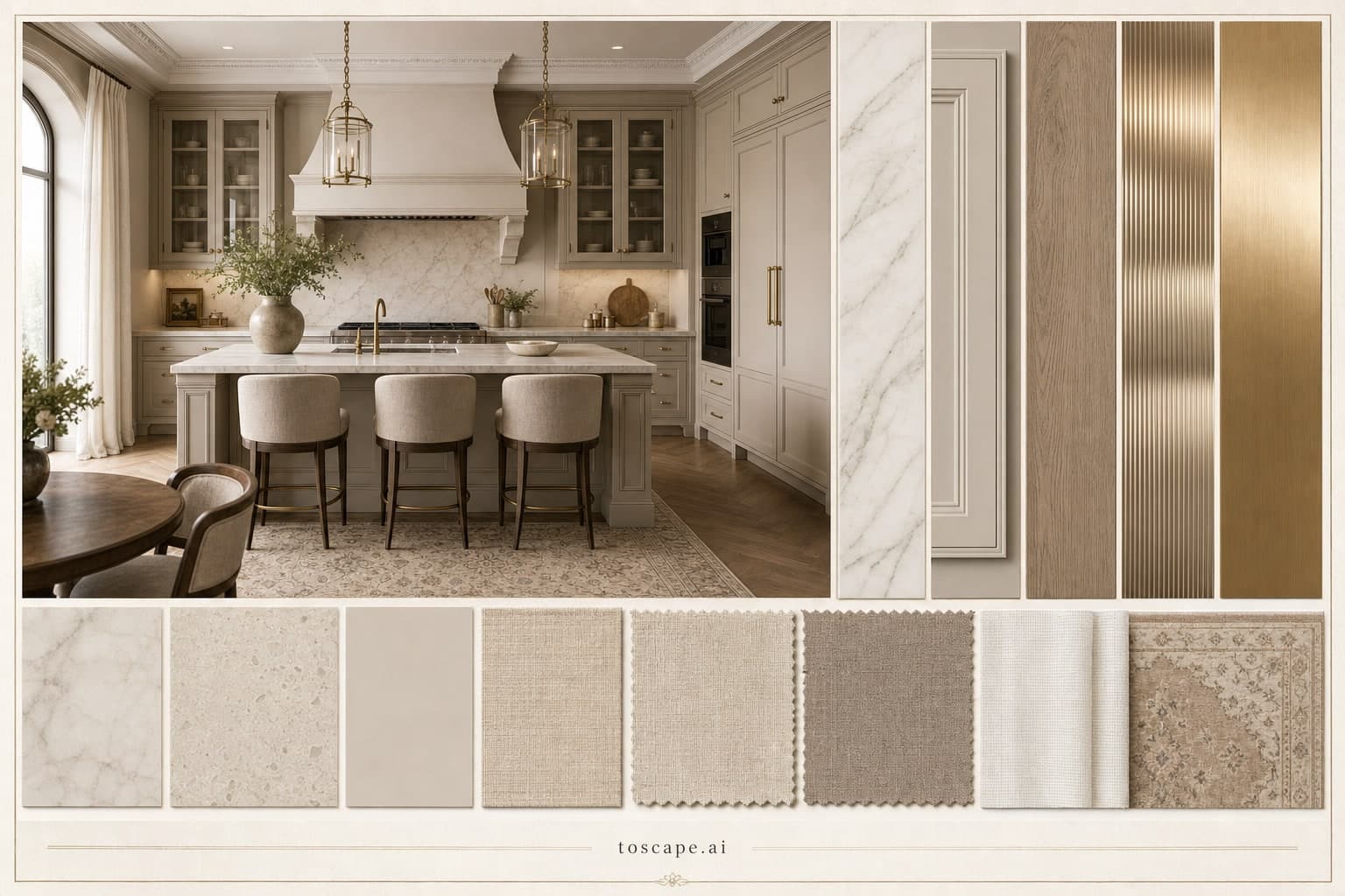 Neoclassic Warm Neutral Kitchen — Satin interior moodboard plate