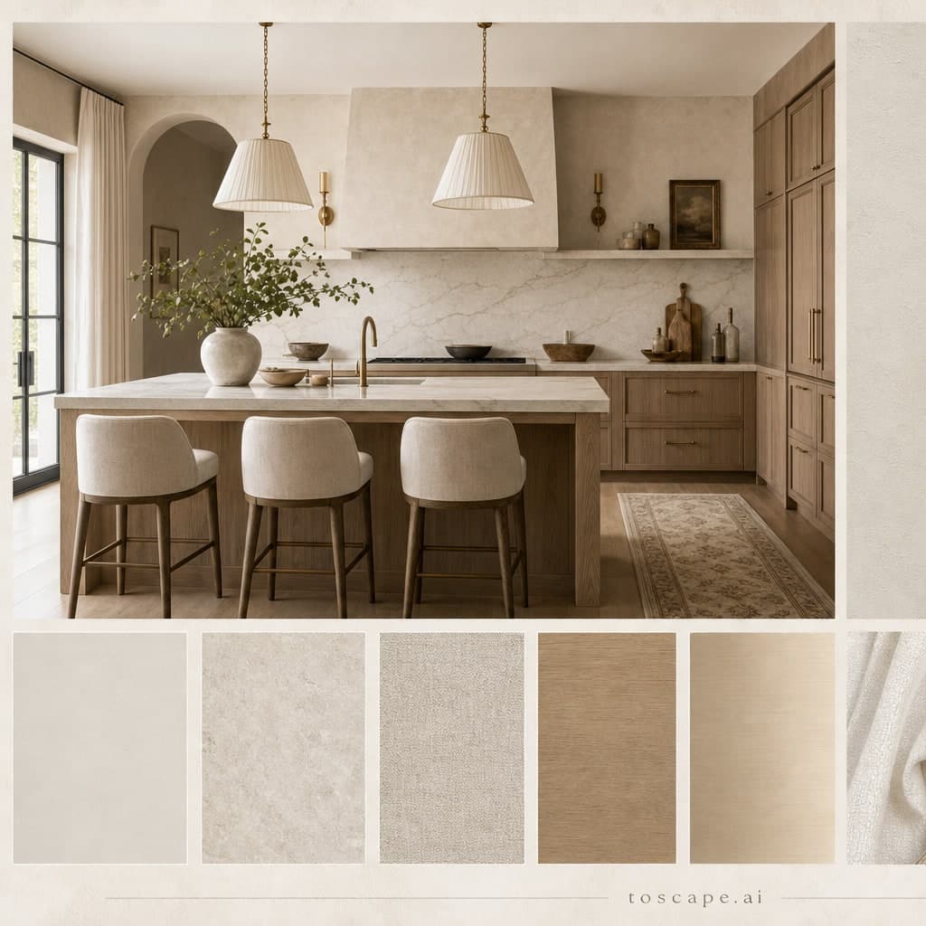 Modern Light Luxury Kitchen — Honed Stone interior moodboard card
