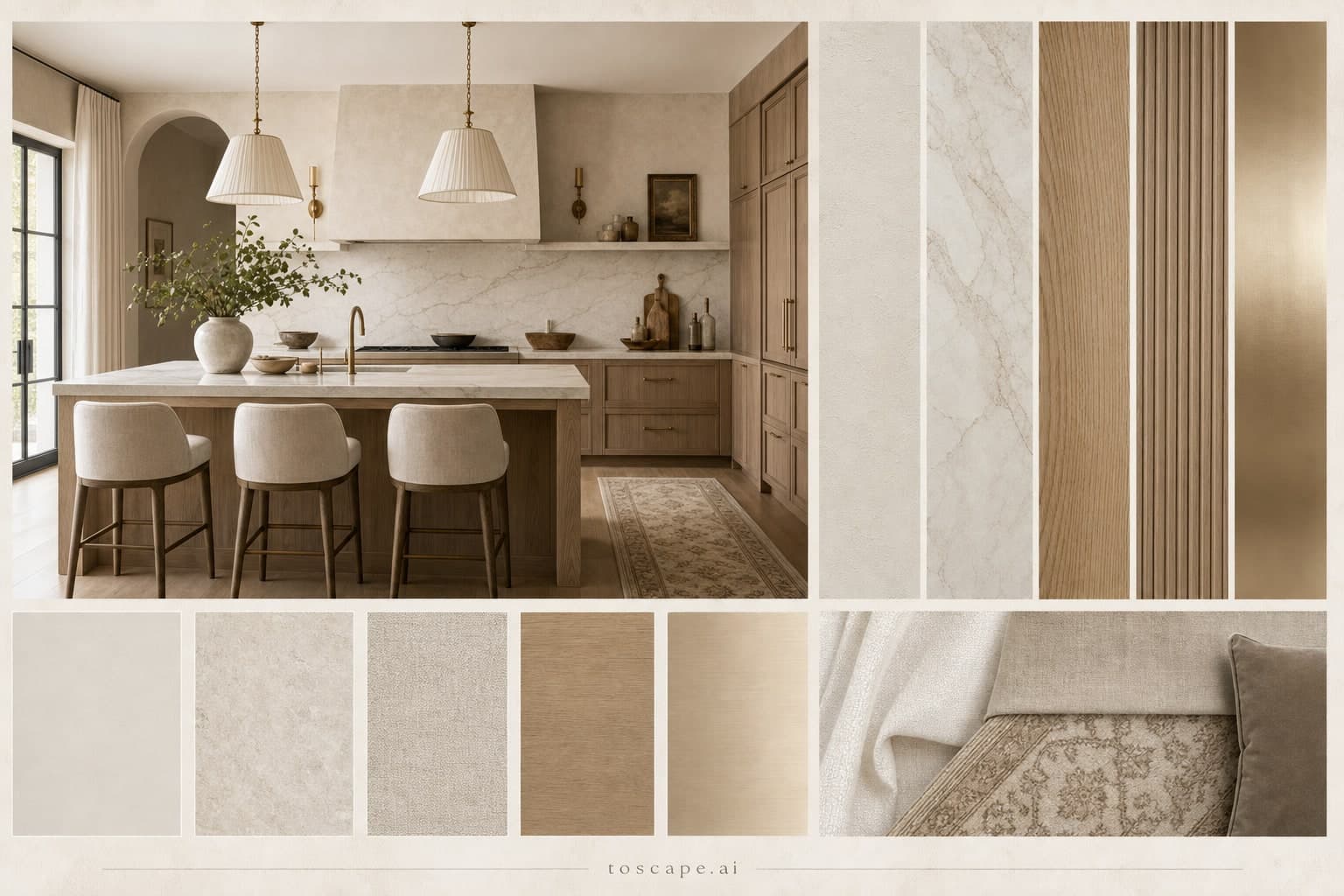 Modern Light Luxury Kitchen — Honed Stone interior moodboard plate