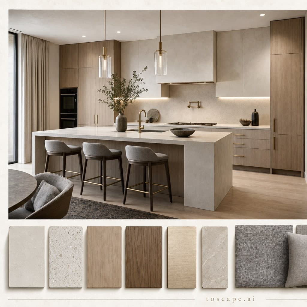 Modern Light Luxury Kitchen — Brushed Metal interior moodboard card