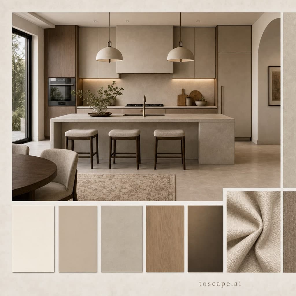 Modern Warm Neutral Kitchen — Honed Stone interior moodboard card
