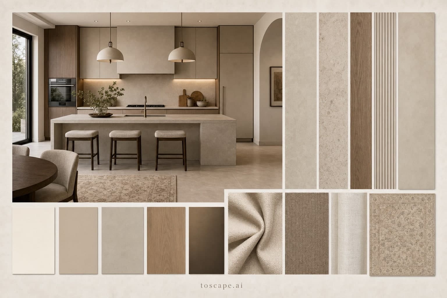 Modern Warm Neutral Kitchen — Honed Stone interior moodboard plate