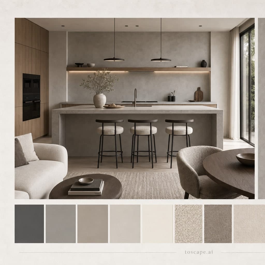 Modern Cool Neutral Kitchen — Matte interior moodboard card