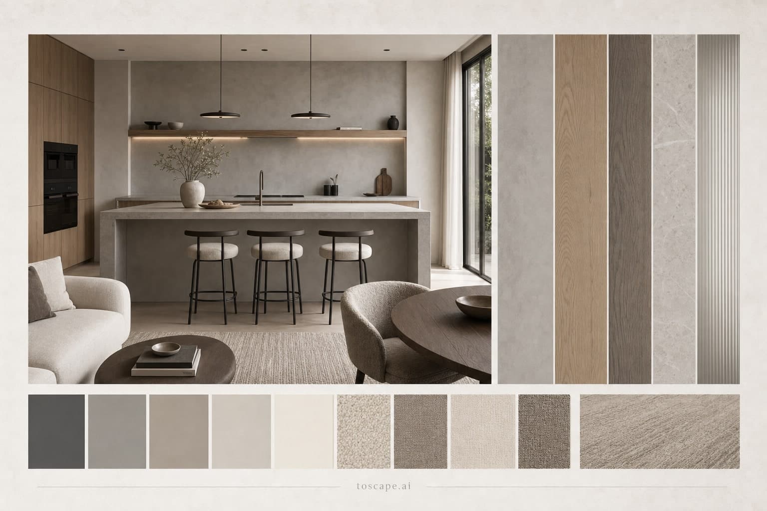 Modern Cool Neutral Kitchen — Matte interior moodboard plate