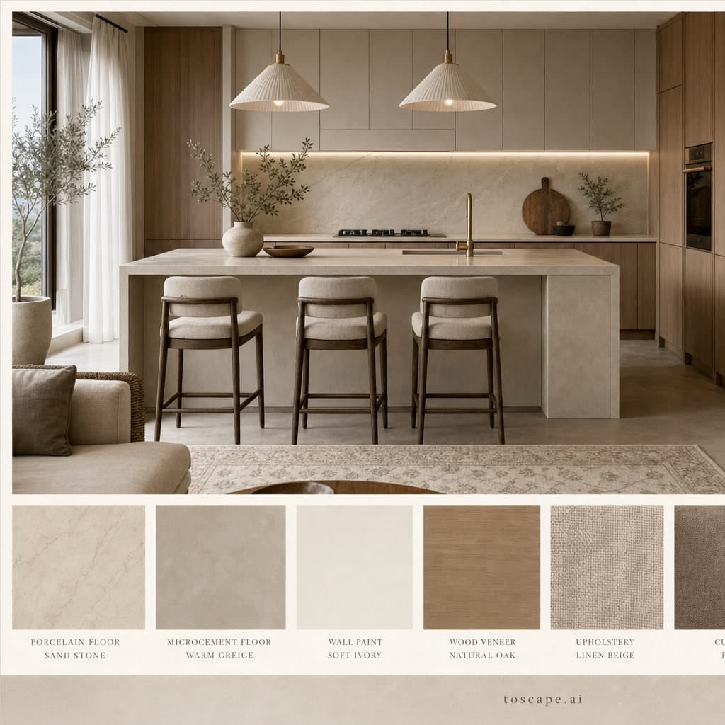Modern Warm Neutral Kitchen — Honed Stone interior moodboard card