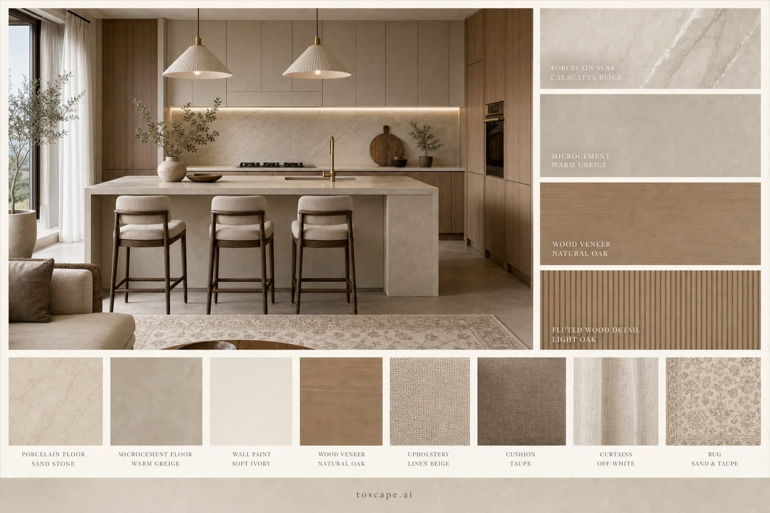 Modern Warm Neutral Kitchen — Honed Stone interior moodboard plate