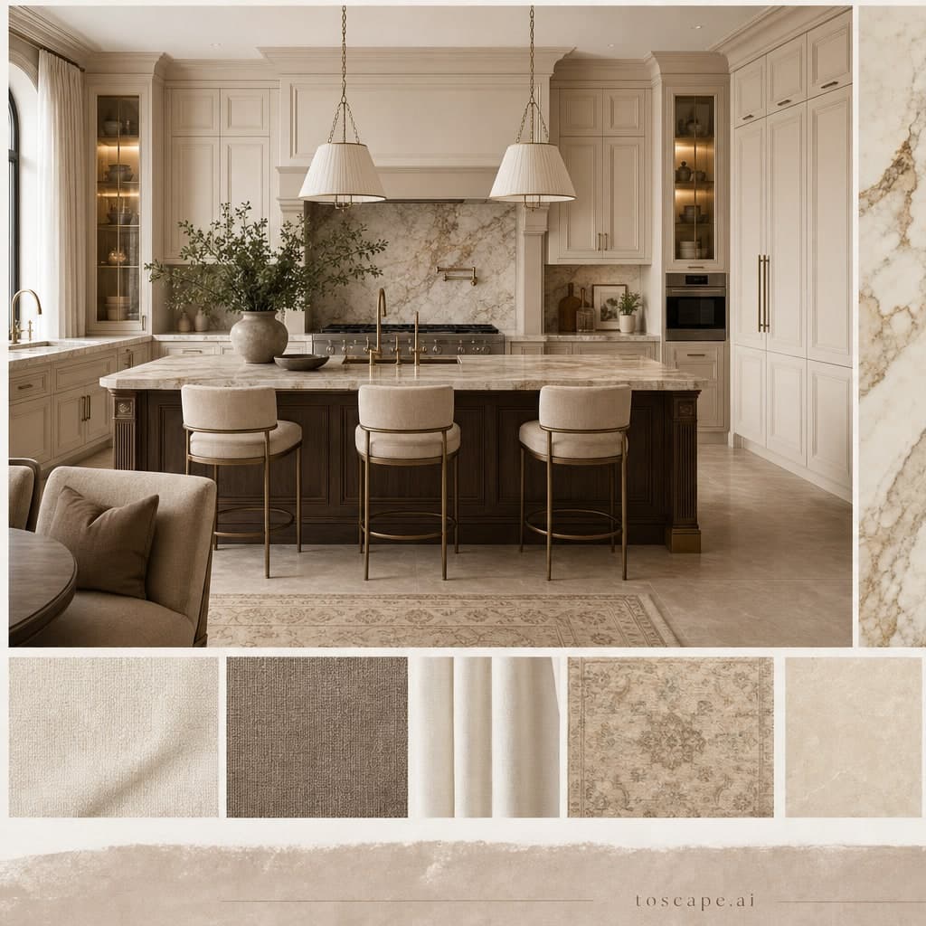 Neoclassic Earth Organic Kitchen — Satin interior moodboard card