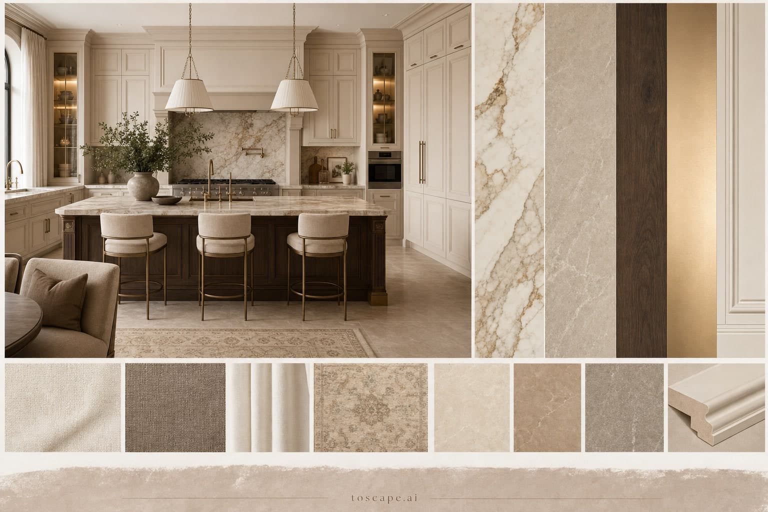 Neoclassic Earth Organic Kitchen — Satin interior moodboard plate