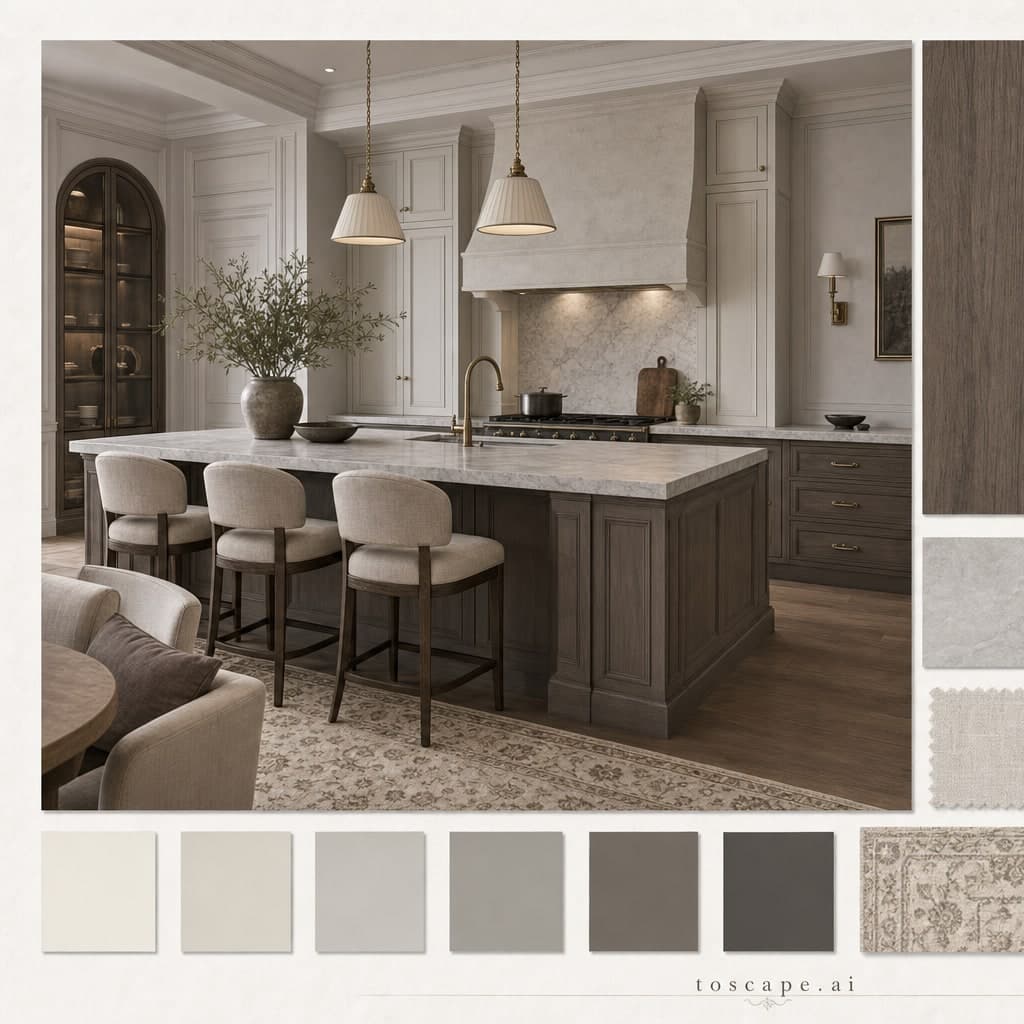 Neoclassic Cool Neutral Kitchen — Satin interior moodboard card