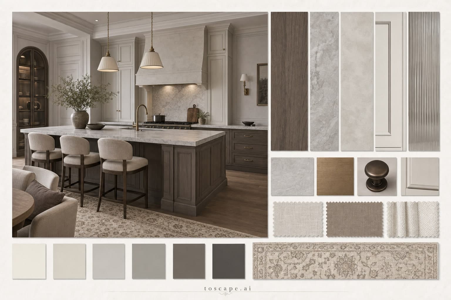 Neoclassic Cool Neutral Kitchen — Satin interior moodboard plate