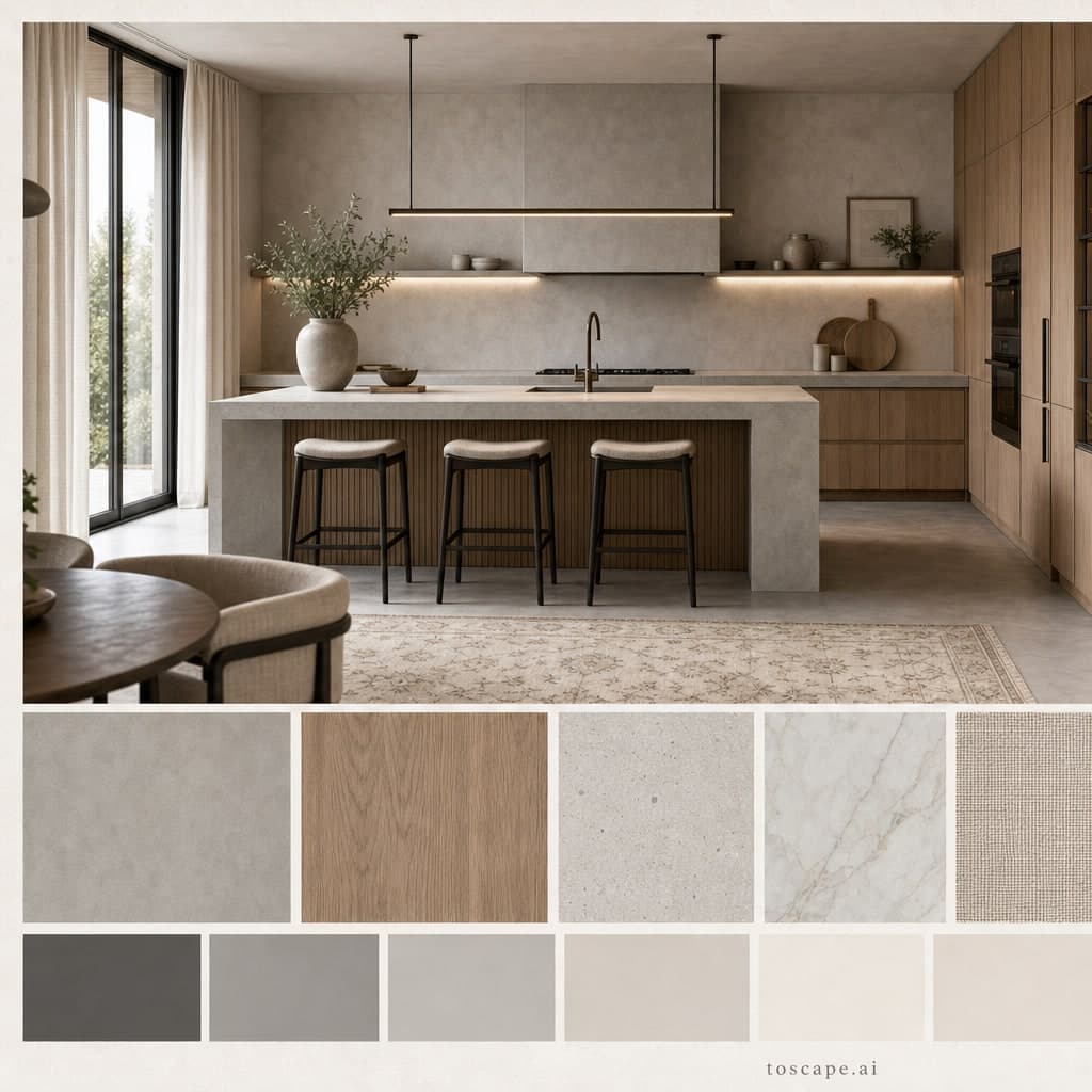 Modern Cool Neutral Kitchen — Honed Stone interior moodboard card