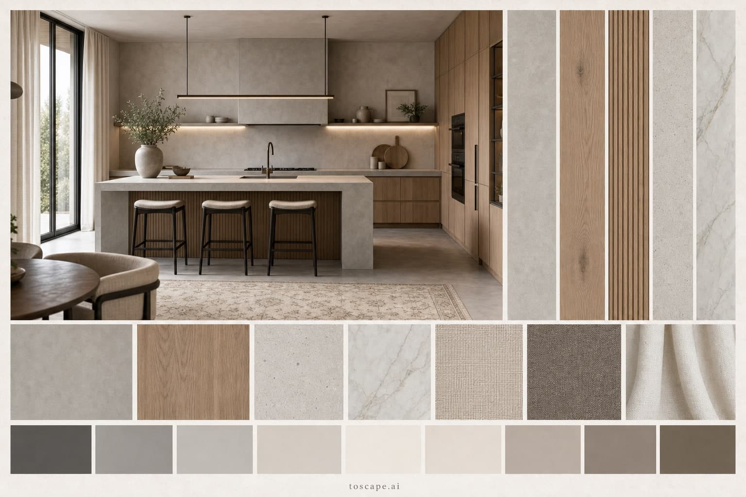 Modern Cool Neutral Kitchen — Honed Stone interior moodboard plate
