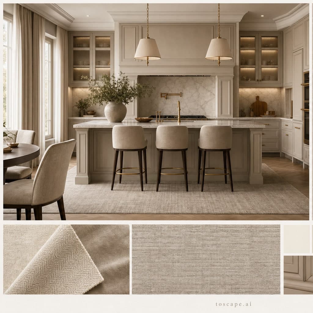 Neoclassic Warm Neutral Kitchen — Brushed Metal interior moodboard card