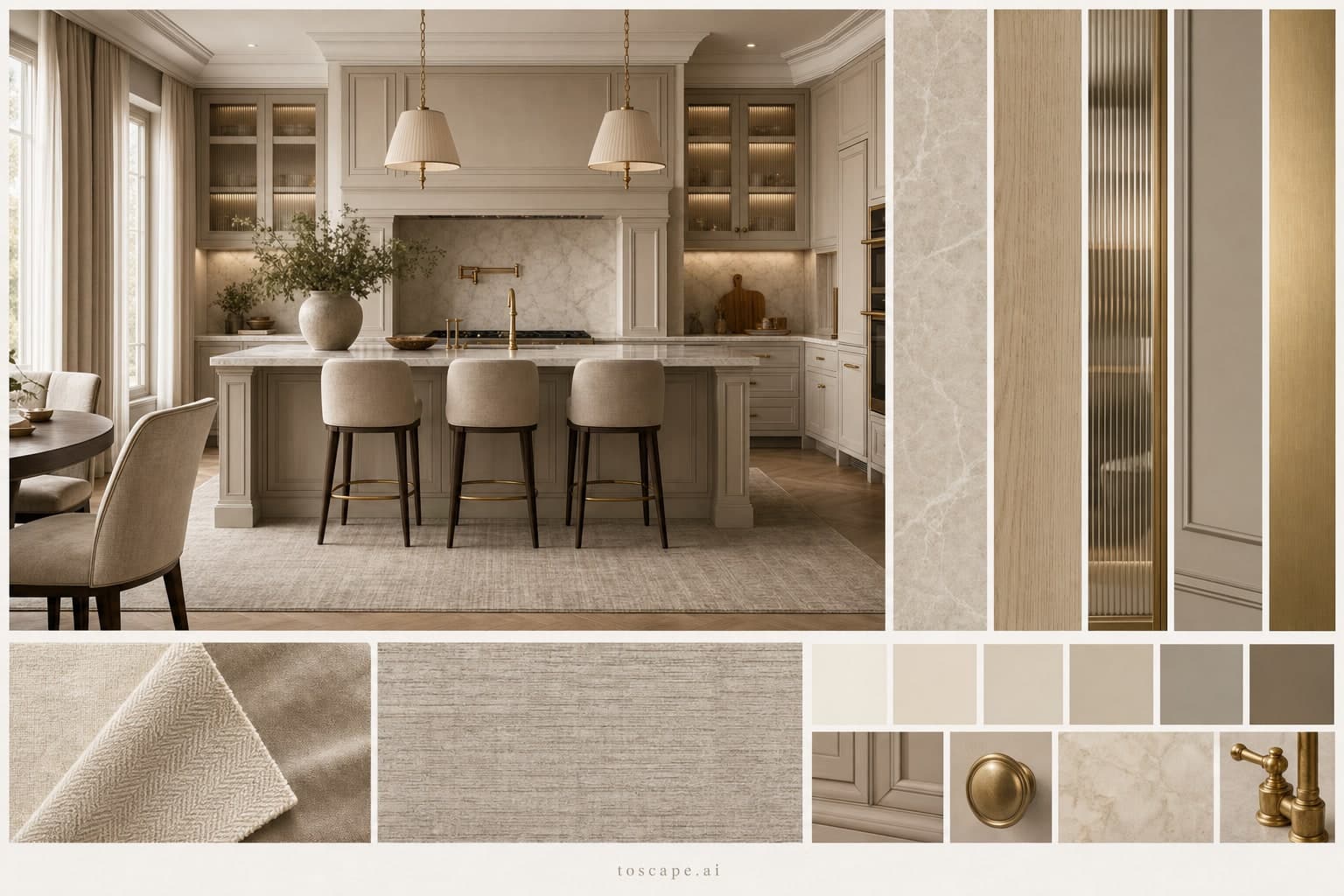 Neoclassic Warm Neutral Kitchen — Brushed Metal interior moodboard plate