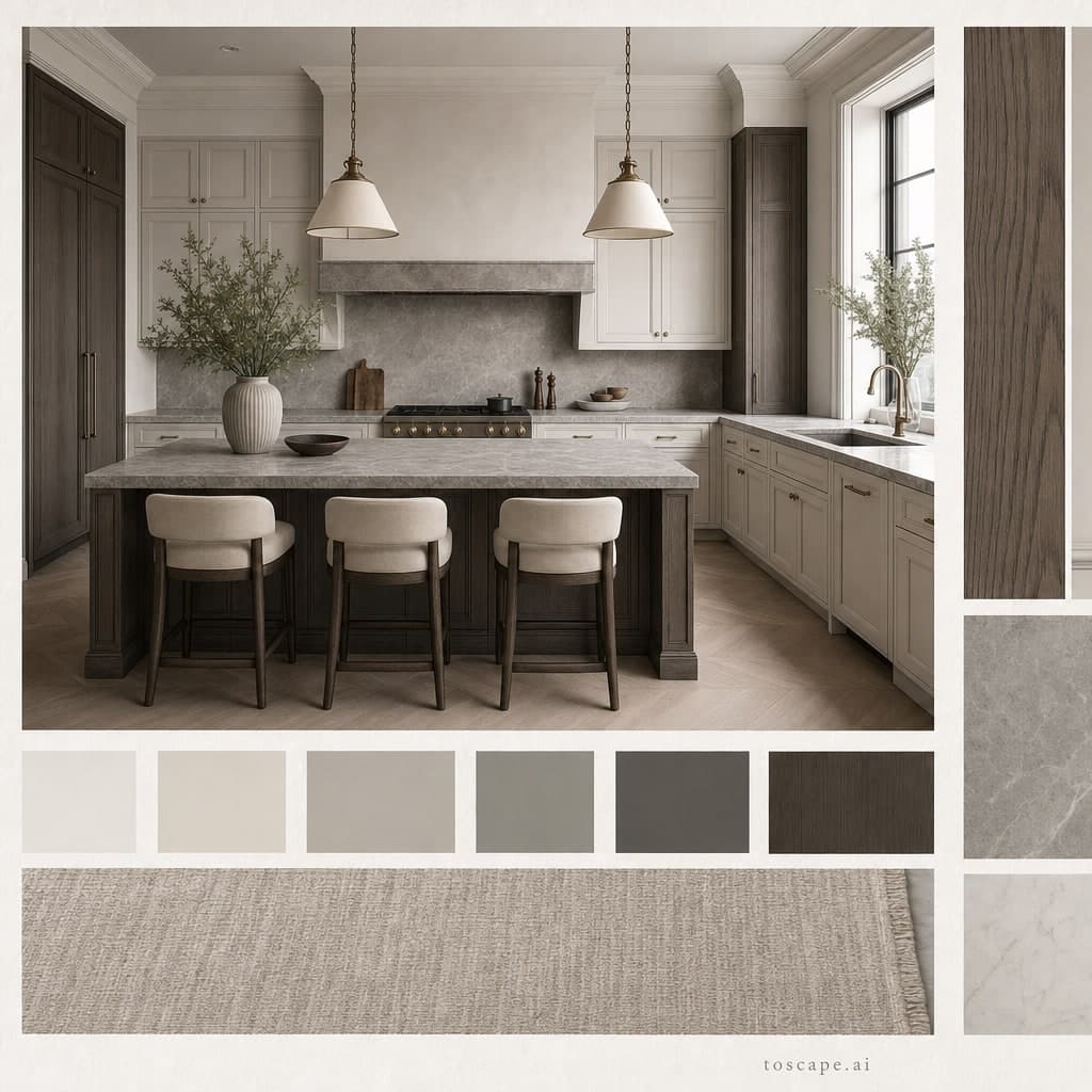 Neoclassic Cool Neutral Kitchen — Brushed Metal interior moodboard card