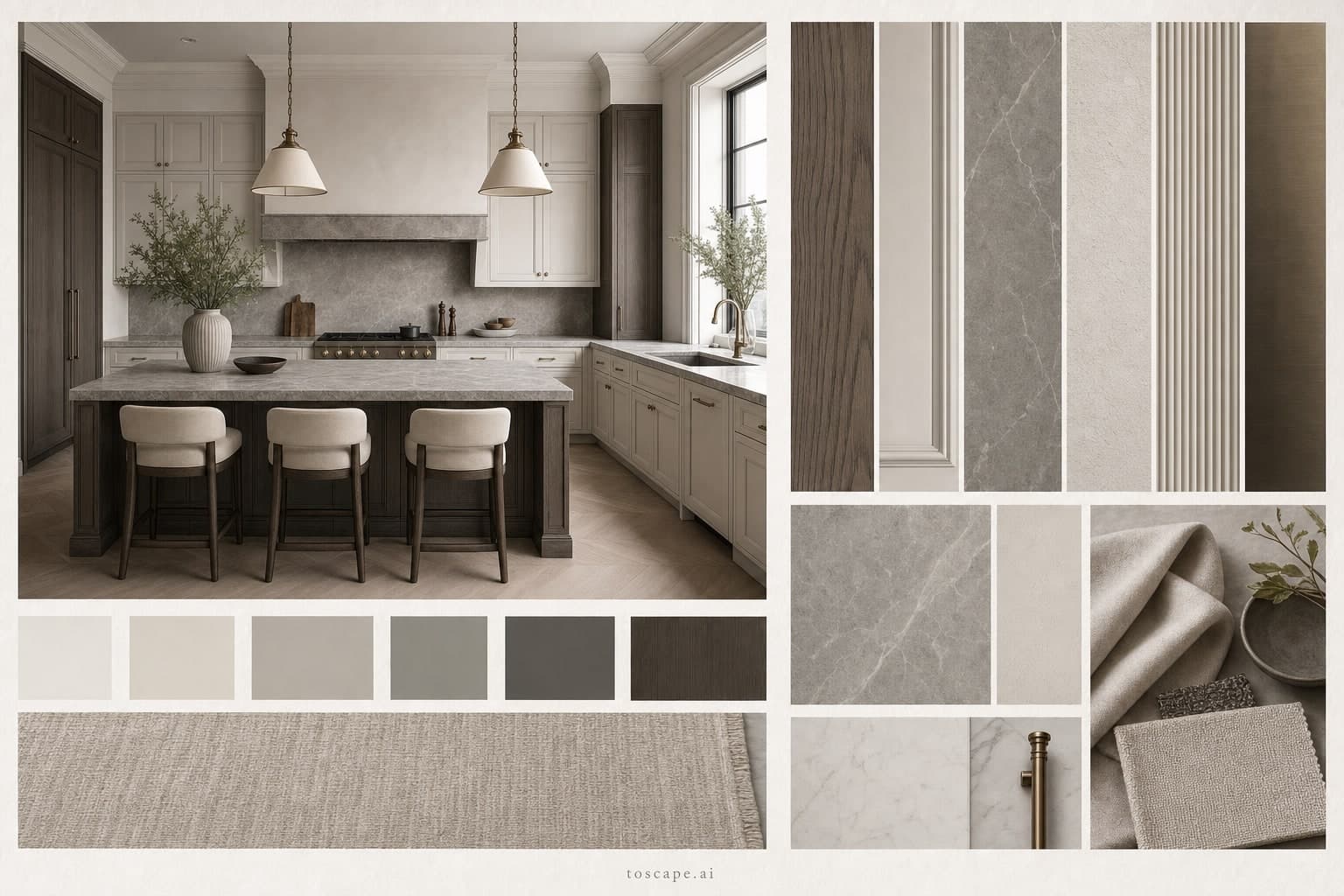 Neoclassic Cool Neutral Kitchen — Brushed Metal interior moodboard plate