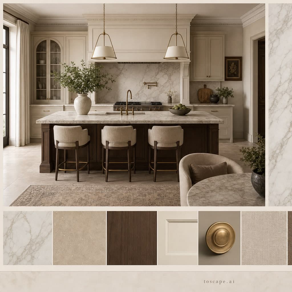 Neoclassic Earth Organic Kitchen — Satin interior moodboard card