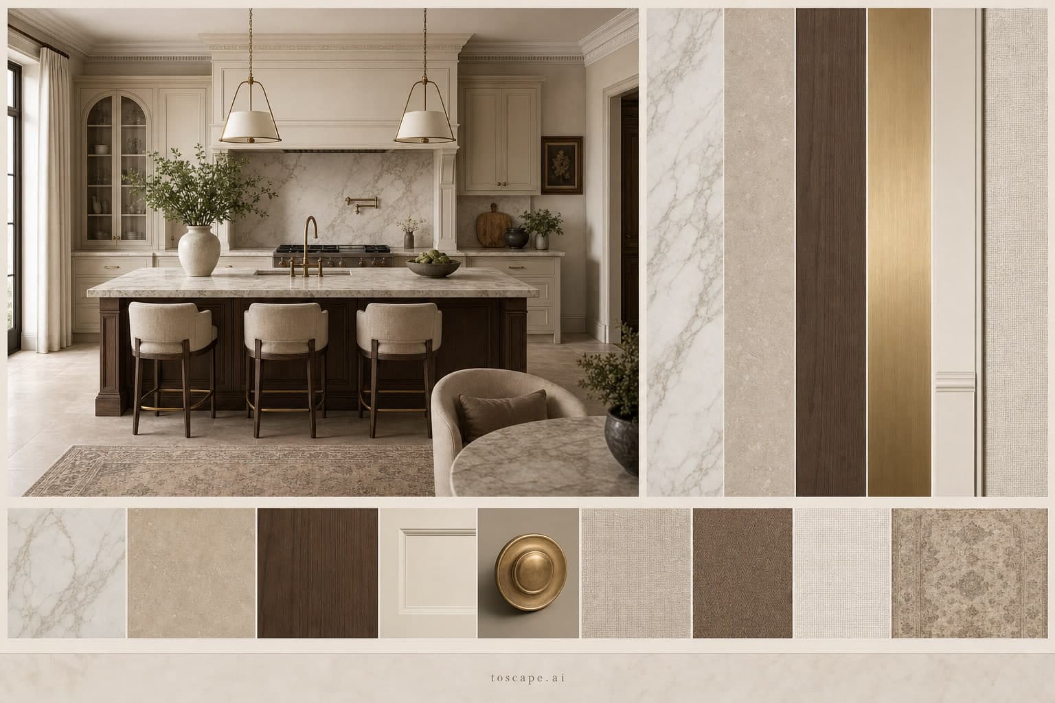 Neoclassic Earth Organic Kitchen — Satin interior moodboard plate