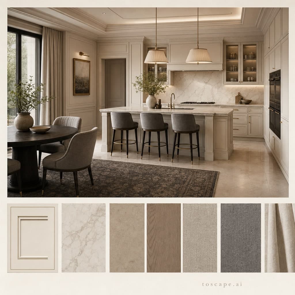 Neoclassic Warm Neutral Kitchen — Honed Stone interior moodboard card