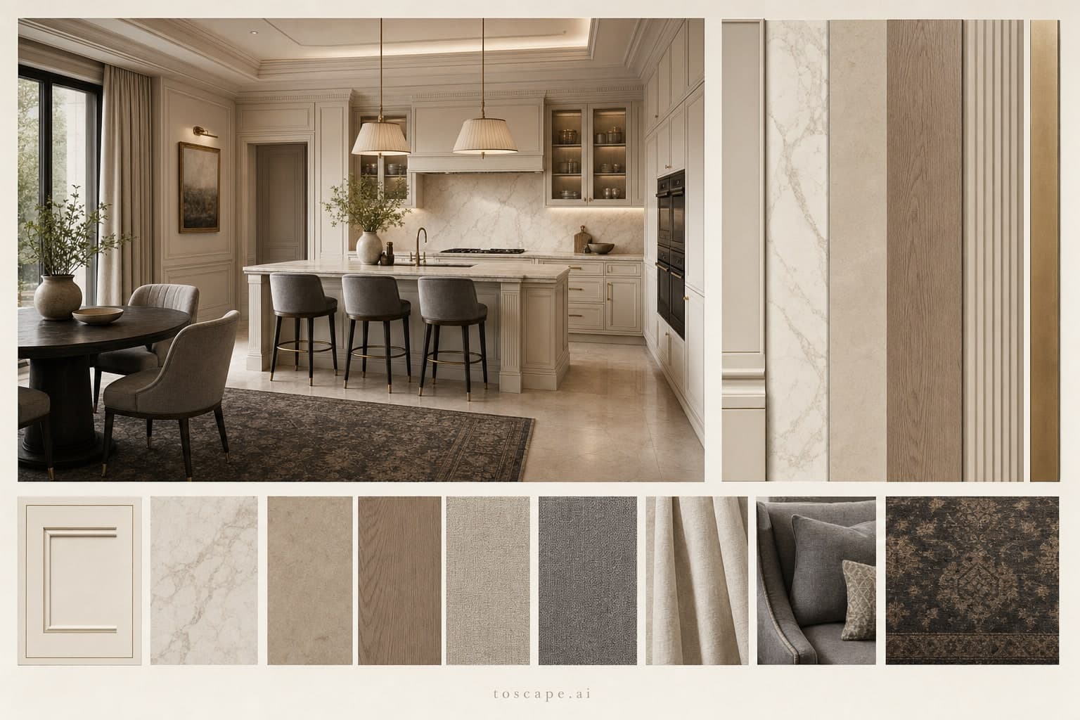 Neoclassic Warm Neutral Kitchen — Honed Stone interior moodboard plate