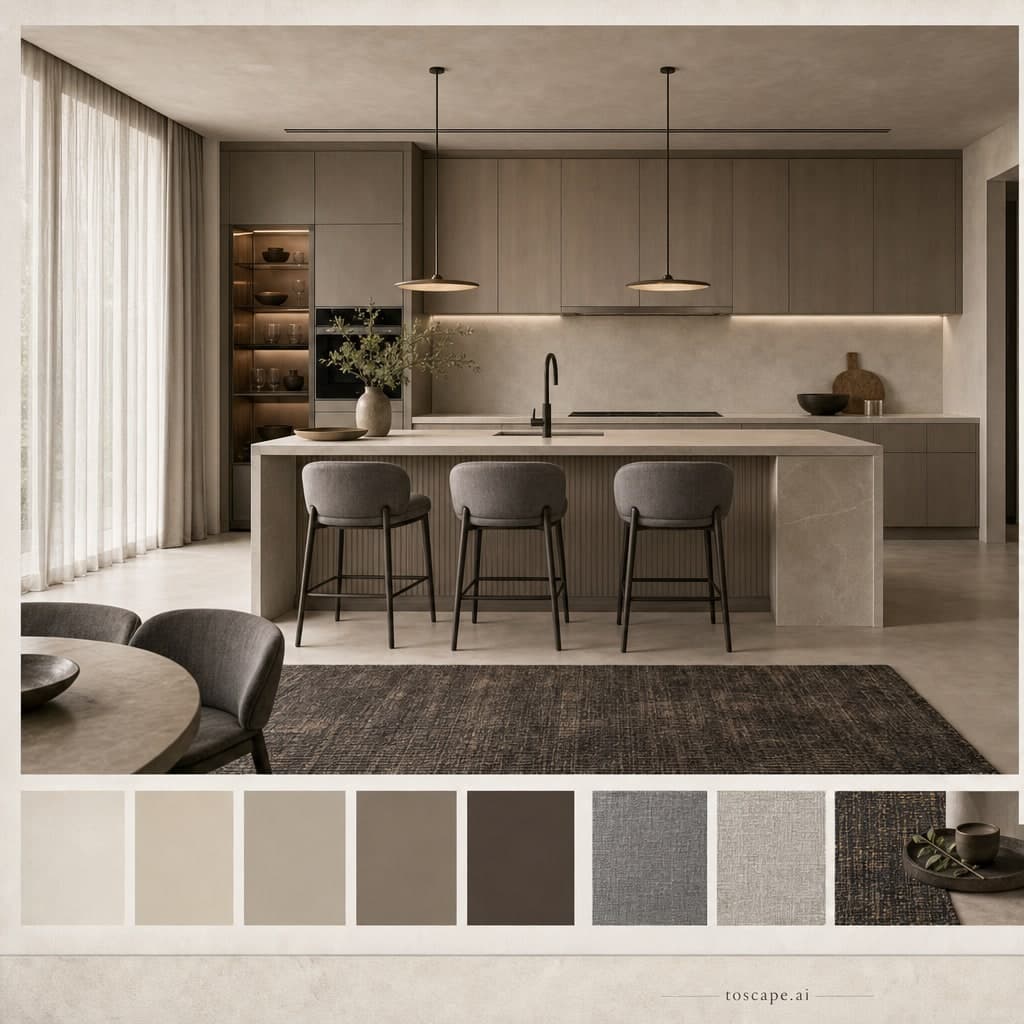 Modern Warm Neutral Kitchen — Brushed Metal interior moodboard card