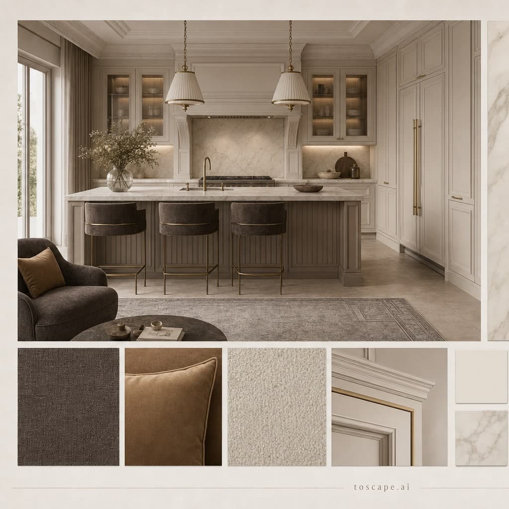 Neoclassic Warm Neutral Kitchen — Matte interior moodboard card