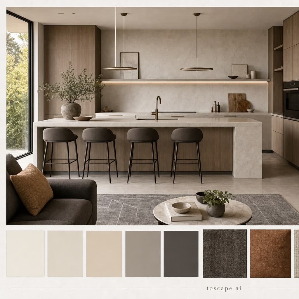 Modern Light Luxury Kitchen — Satin interior moodboard card