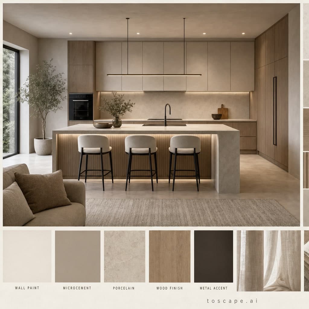 Modern Warm Neutral Kitchen — Matte interior moodboard card