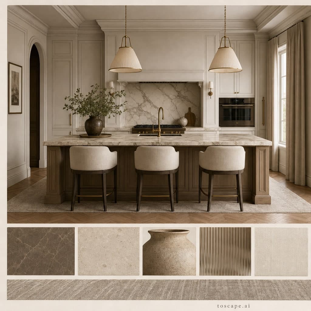 Neoclassic Earth Organic Kitchen — Brushed Metal interior moodboard card