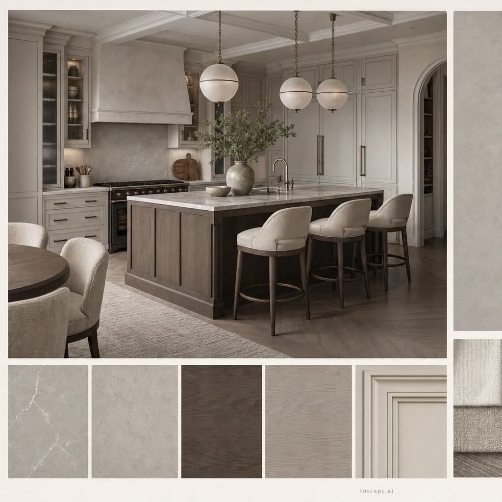 Neoclassic Cool Neutral Kitchen — Brushed Metal interior moodboard card