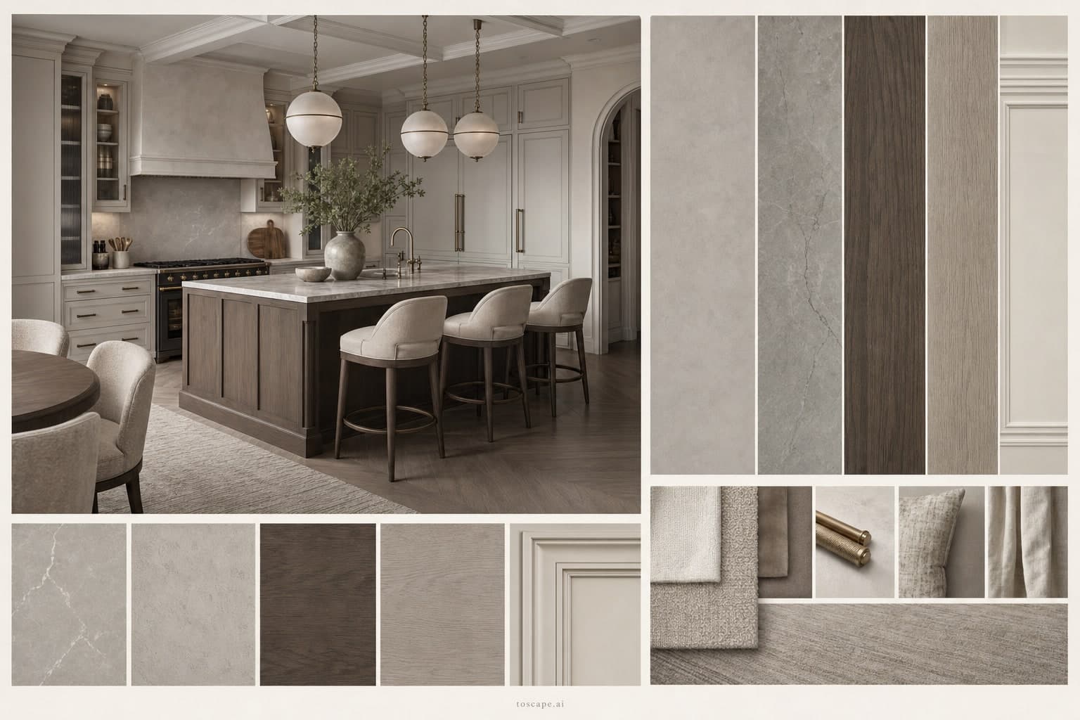 Neoclassic Cool Neutral Kitchen — Brushed Metal interior moodboard plate