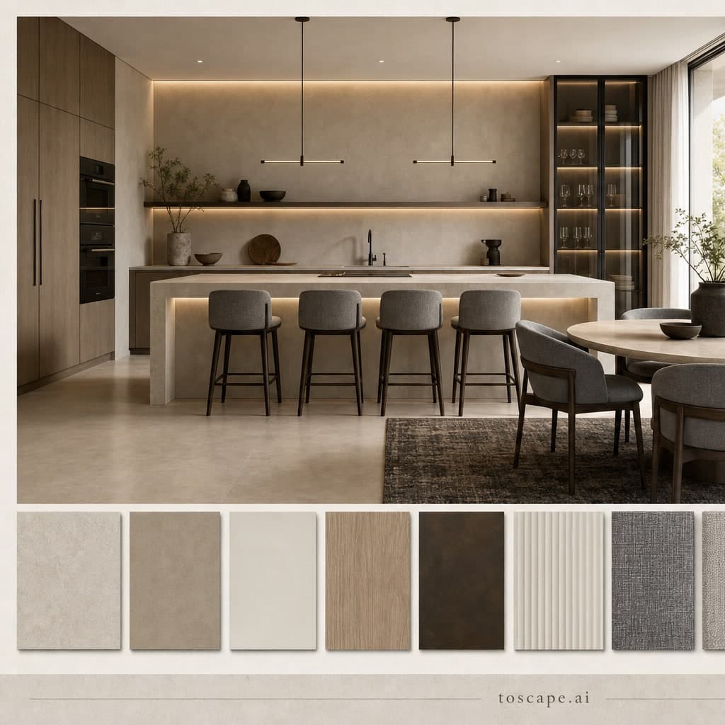 Modern Warm Neutral Kitchen — Brushed Metal interior moodboard card