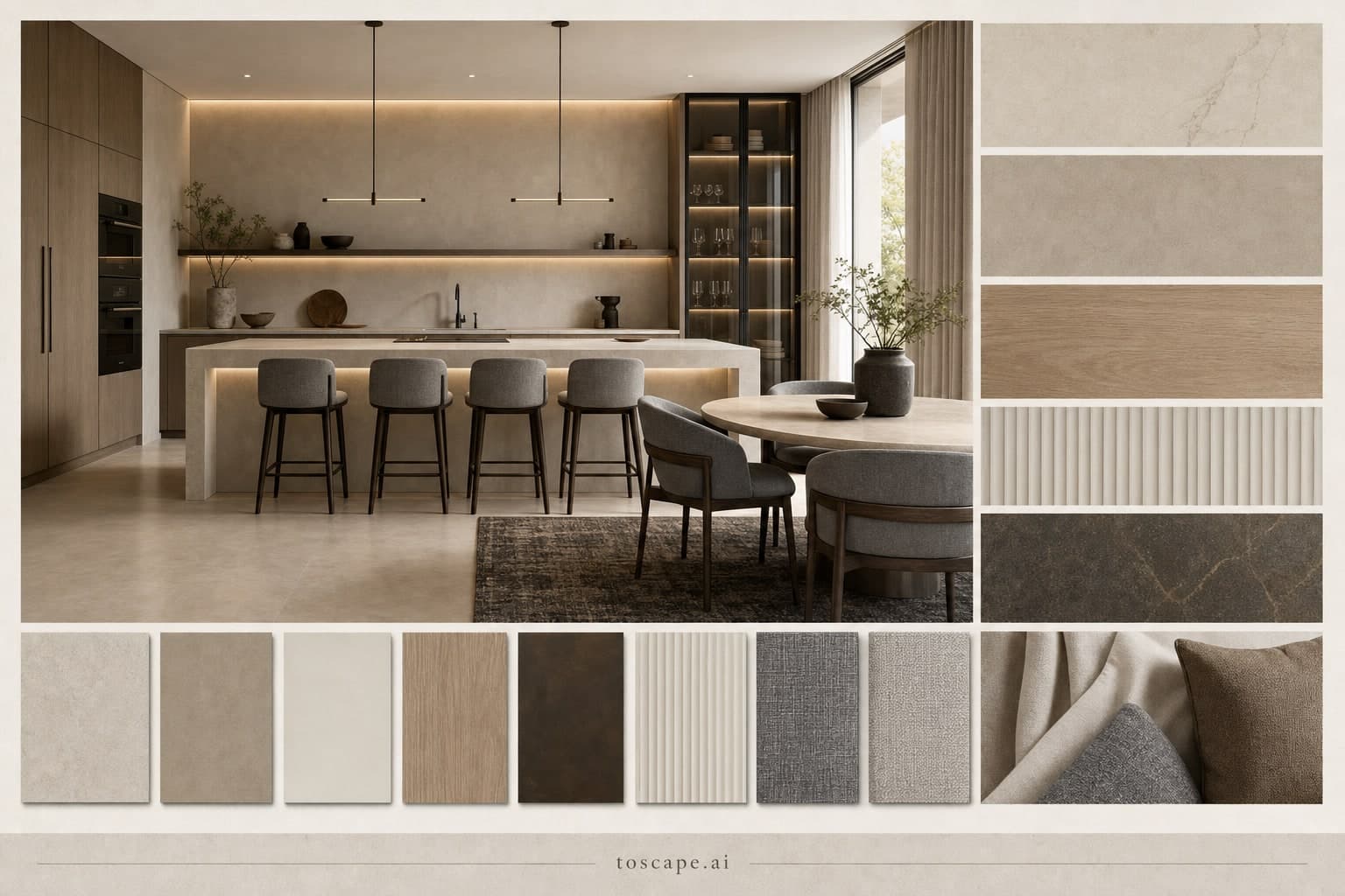 Modern Warm Neutral Kitchen — Brushed Metal interior moodboard plate