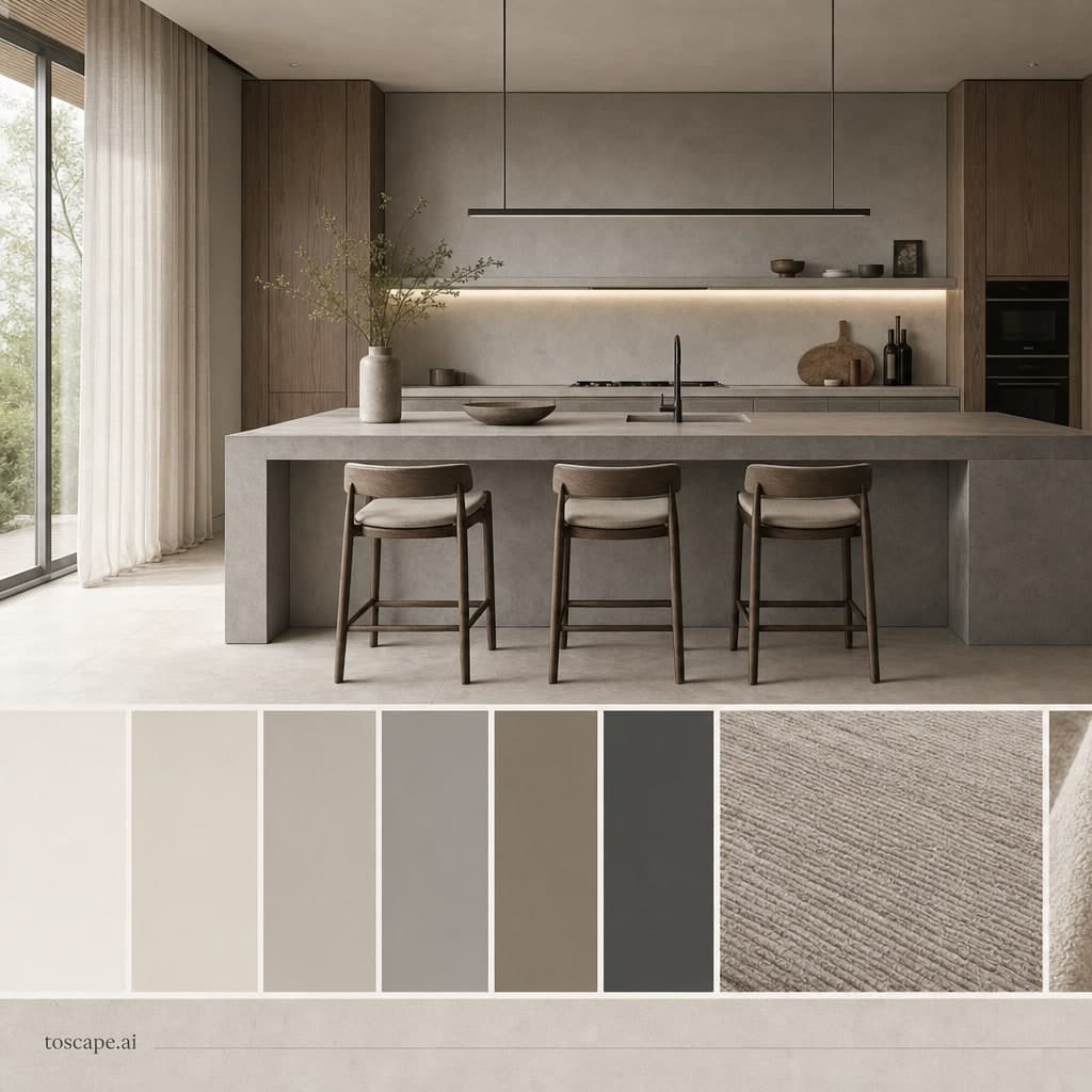 Modern Cool Neutral Kitchen — Matte interior moodboard card