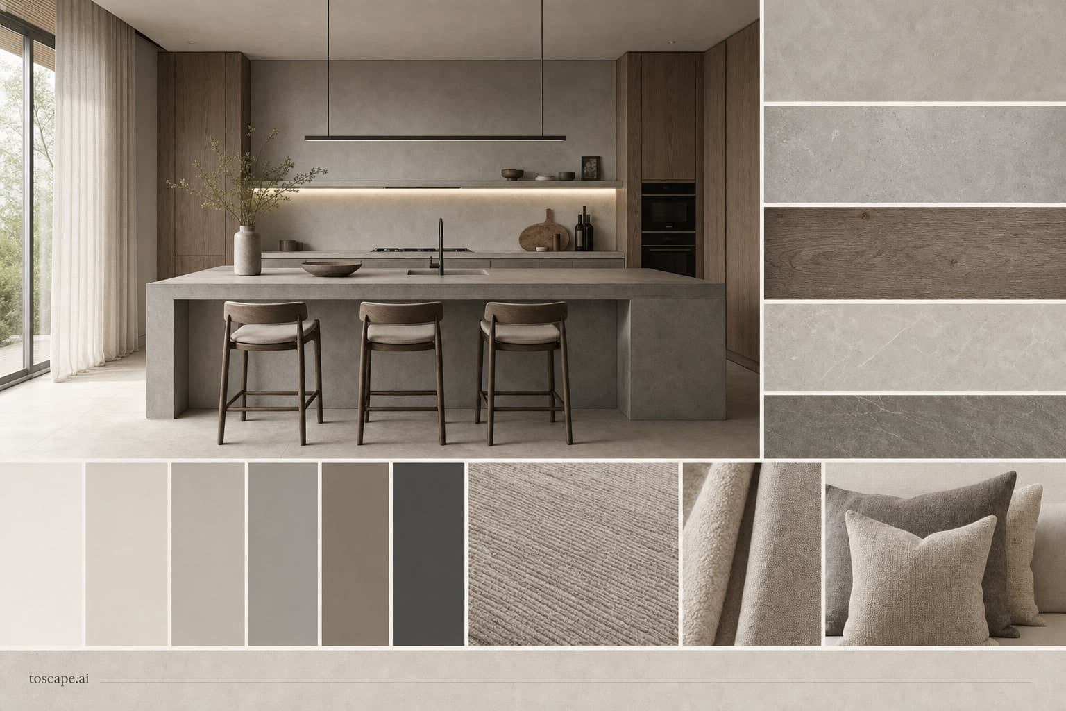 Modern Cool Neutral Kitchen — Matte interior moodboard plate