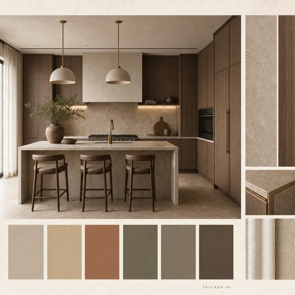 Modern Earth Organic Kitchen — Honed Stone interior moodboard card