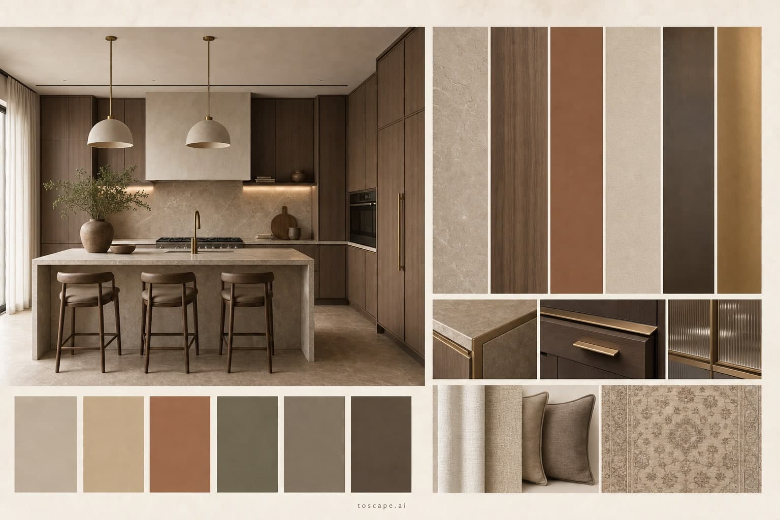 Modern Earth Organic Kitchen — Honed Stone interior moodboard plate