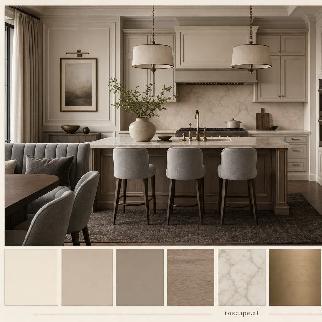 Neoclassic Warm Neutral Kitchen — Honed Stone interior moodboard card