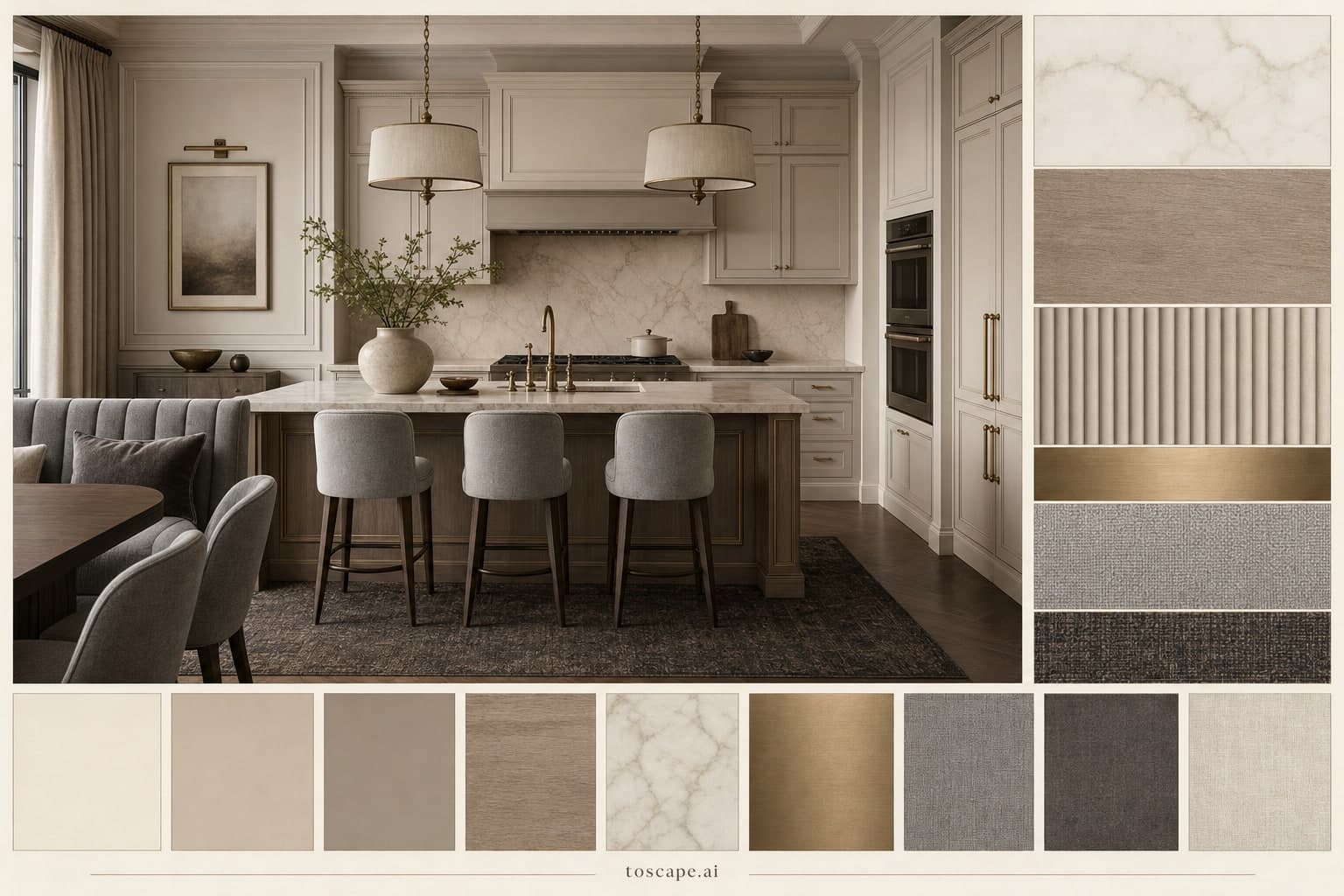 Neoclassic Warm Neutral Kitchen — Honed Stone interior moodboard plate