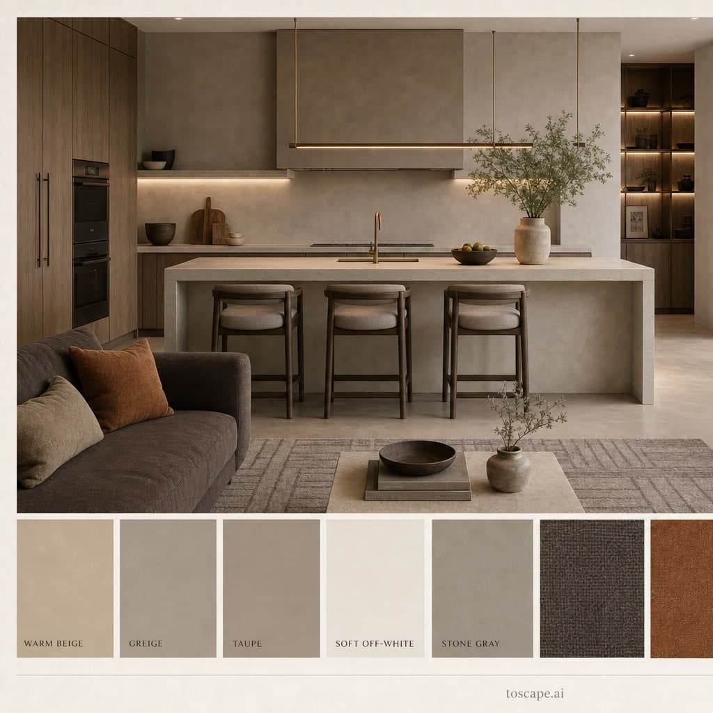 Modern Warm Neutral Kitchen — Satin interior moodboard card